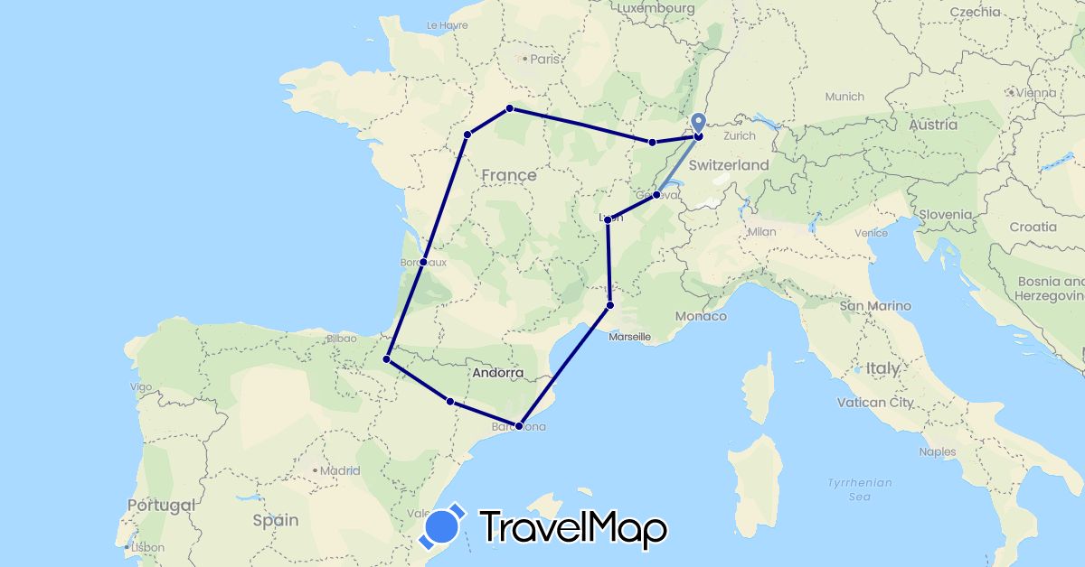 TravelMap itinerary: driving, cycling in Switzerland, Spain, France (Europe)